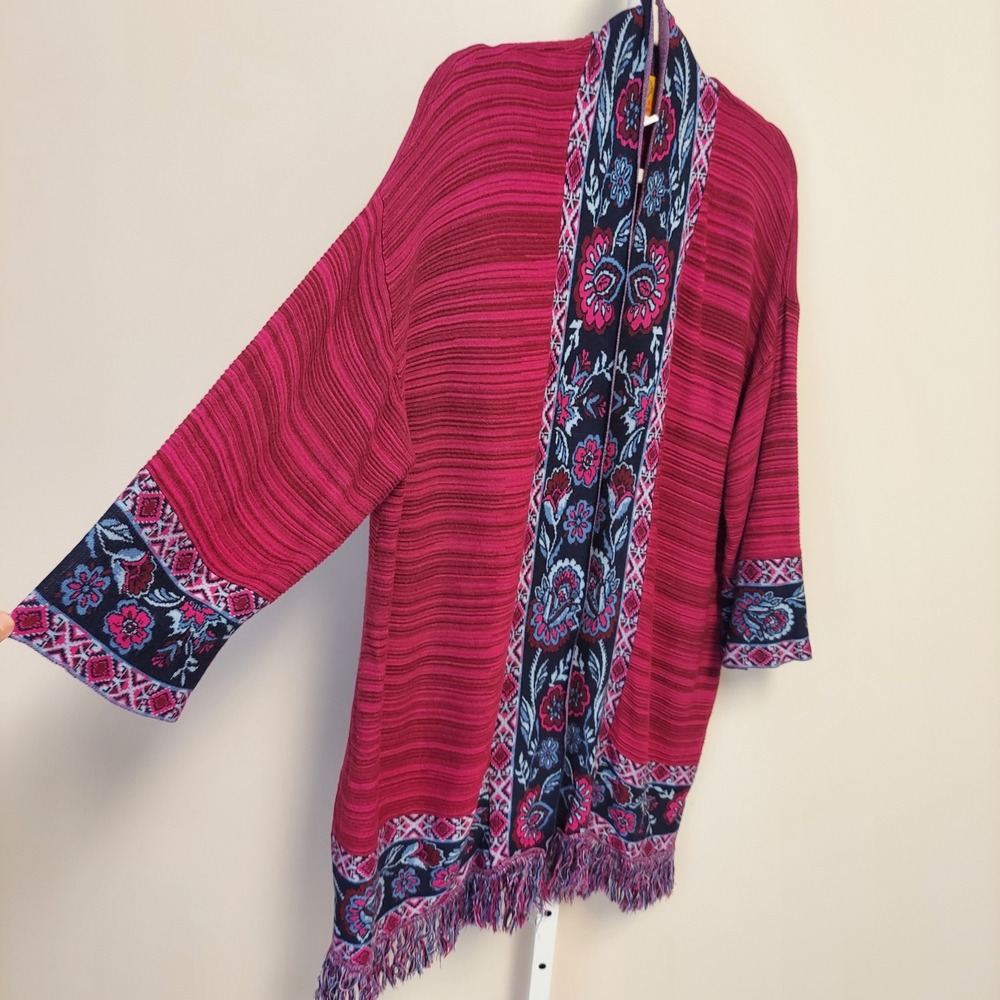 Ruby Rd Woman Pink Floral Fringe Open Front Kimono Cardigan Plus 1X 35661 H6